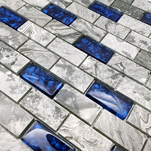 Hominter Navy Blue and Gray Glass Stone Tile in 1x2 Subway Pattern Polished Marble Mosaic for Kitchen Backsplashes Accent Walls and Bathroom Shower Tiles (5 Square Feet)