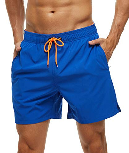 Arcweg Badbyxor med blixtlåsficka herr, ventilerande och vattenavvisande badshorts, elastiska träningsshorts, justerbara med dragsko och fodrade med nättyg, blå, L