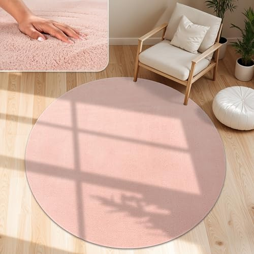 Paco Home Moderner Kuscheliger Wohnzimmer Teppich Kurzflor waschbar flauschig Weich Einfarbig Felloptik zeitlos stilvoll rutschfest pflegeleicht, Grösse:160 cm Rund, Farbe:Rosa