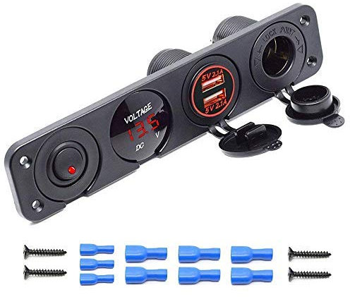 Riloer 4 in 1 pannello impermeabile multifunzione con doppia presa USB 2.1A e 2.1A voltmetro LED presa di corrente 12V interruttore a levetta on/off per camion rimorchio camper, barca (blu)-rosso