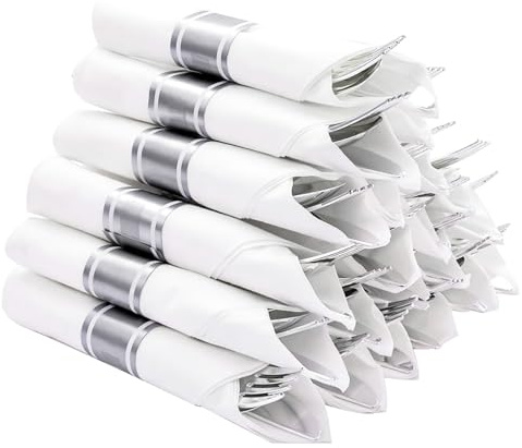 N9R 50 Pack Pre Rolled Silver Plastic Cutlery Set, 50 Forks, 50 Knives, 50 Spoons, 50 Napkins, Disposable Cutlery Set for Party and Wedding