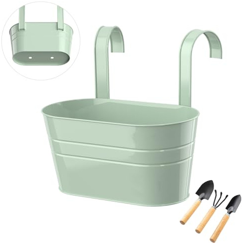 IHONYI Hängende Blumentöpfe aus Metall, Blumentöpfe, Balkon, Doppelhaken, Hänge-Eimer, Metall, Gartenhalter, Haus, Balkon, Gartendekoration (Loch - Grün)