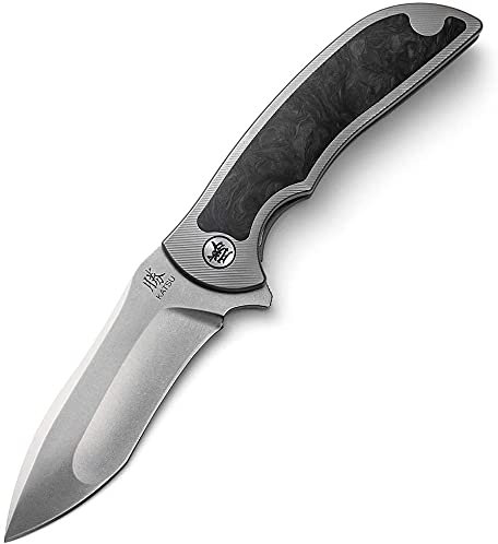 KATSU Klappmesser Outdoor Japanisches Campingmesser, Titan Inlays Kohlefasergriff, EDC-Messer mit S35VN-Stahl Stonewashed Multi-Ground-Klinge, Taschenclip, Lederscheide
