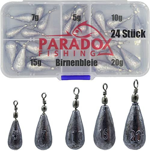 Paradox Fishing Birnenblei Set 5g-20g I 24 Stück mit Box I Blei Angeln Grundblei Angeln Set Angel Blei Gewichte Angelzubehör Birnenblei Angel Bleie