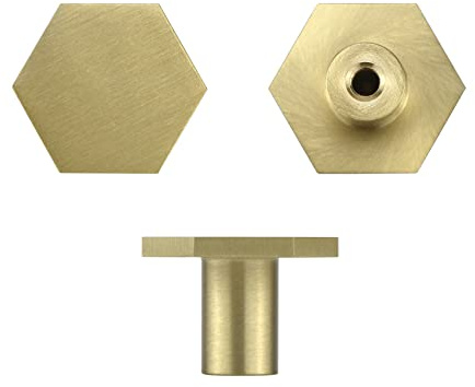 Lemiyoo 10 Sets Solid Brass Door Knobs, Hexagon Drawer Handles | Metal Single-Hole Pulls,Used For Cabinets,Kitchen Cupboards,Shoe Cabinets,Wardrobes,Drawer (22*25mm,Gold)