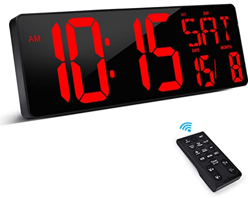 XREXS Large Digital Wall Clock with Remote Control, 17 Inch LED Large Display Count Up & Down Timer, Adjustable Brightness Alarm Clock with Day/Date/Temperature for Home, Gym, Office and Classroom