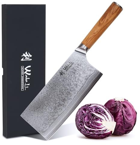 Wakoli Chinesisches Kochmesser Chai Dao I 18 cm Klinge aus 67 Lagen Damaststahl, AUS-10 Stahlkern, Olivenholzgriff - Serie Oribu - Scharf, langlebig, elegant, Profi Küchenmesser