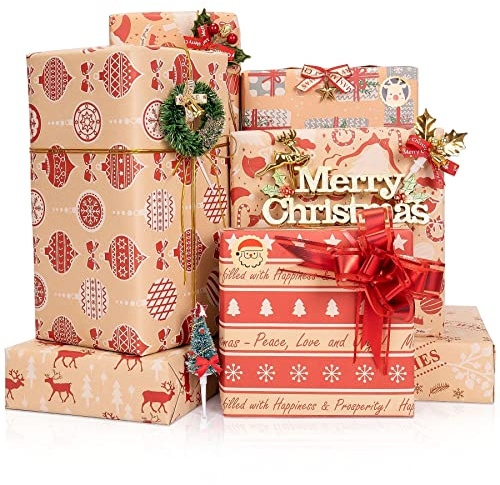 Larcenciel Weihnachten Geschenkpapier, 6 Blatt Geschenkpapier + Geschenkschleife + Geschenkaufkleber, Kraftpapier mit Weihnachtsmann Rentier, Weihnachtspapier zum Verpacken von Geschenken, 70 x 50 cm