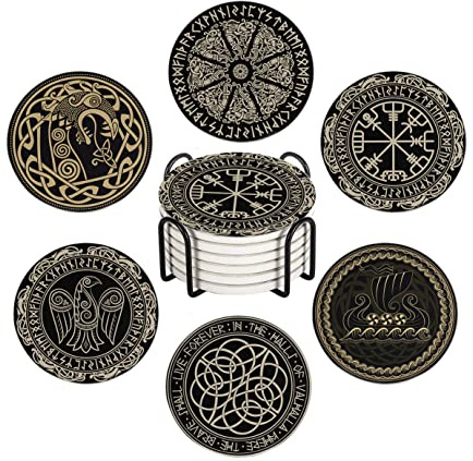 HUXJOKO Coasters for Drinks Set of 6,Black Viking Magical Runic Absorbent Ceramic Coaster,Round Stone Mat,with Cork Base and Metal Holder for Coffee Table Room Bar Home Decor Housewarming Gifts