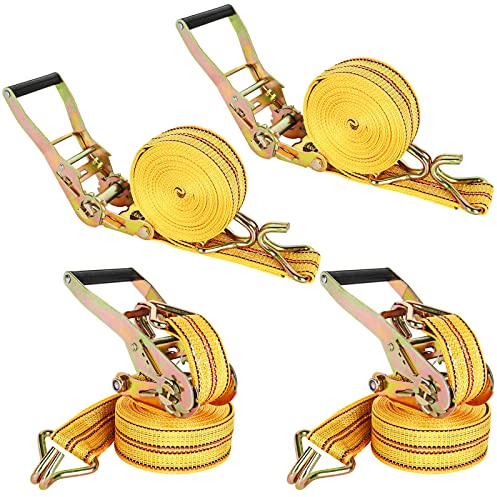 HUBun4 Pack Ratchet Tie Down Straps, 2 x 20 Feet, 8,000 lbs Break Strength, Heavy Duty Cargo Lashing Straps with Double J Hooks for Trucks, Trailers, and Moving