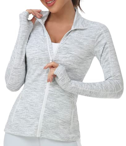 VUTRU Donna Giacca da corsa Collo alto Giacca sportiva leggera Manica lunga Camicia yoga Giacca fitness Giacca da allenamento traspirante con fori per i pollici e zip integrale Satinweiß XS