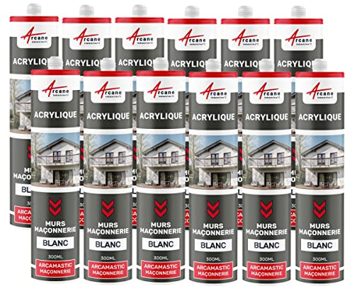 Joint Acrylique, Mastic d'Étanchéité, Mur et Porte 300 ml x 12 Blanc | Rebouche les Fissures, Recouvrable de Peinture, Joint Murs, Placo et Portes, Adhère Béton et Bois - Arcane Industries