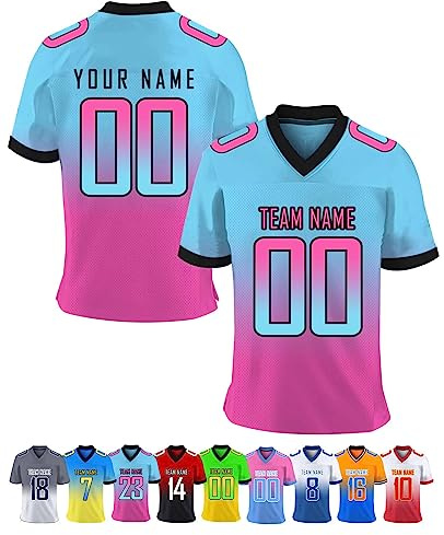 Mens Sports T-Shirt Custom American Football Jersey Personalised or Blank Quick Drying Breathable Short Sleeve for Women Kids, S~7XL, Blue Pink