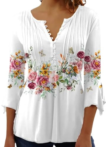 Yeenily Camicia Elegante Donna a Manica Scollo a V T-Shirt a 3/4 Lunga Top Bluse Maglietta Stampato Basic Tee(Bianco,XXL)