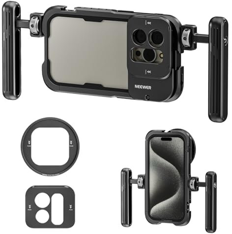 NEEWER 15 Pro Phone Cage Video Rig with Dual Handles Compatible with iPhone 15 Pro, Metal 67mm Filter Adapter, 17mm Lens Backplane, Phone Rig Smartphone Stabilizer for Video Recording, PA023K