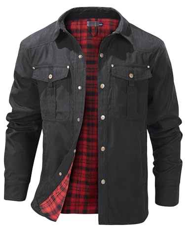 Mr.Stream Giacca da uomo in flanella a quadri, foderata, leggera, con chiusura a scatto, estiva, stile Western, da cowboy, Nero , M
