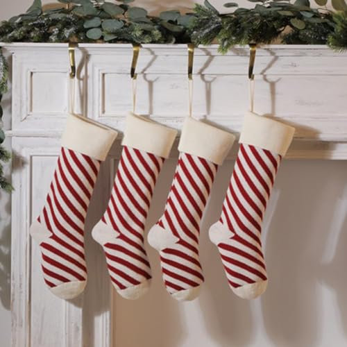 Hixingo Weihnachtsstrumpf Personalisiert 1/2/4/6er, 46cm Große Gestrickt Nikolausstrumpf, Streifen Rot Weihnachtssocken zum Aufhängen und Befüllen Kamin Weihnachtsbaum Deko (4 Stück,Weiß)