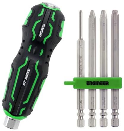 ENGINEER Juego de extractores de tornillos hexagonales 4 en 1 con mango de destornillador Ergo, funciona con tornillos de cabeza avellanada DZ-74