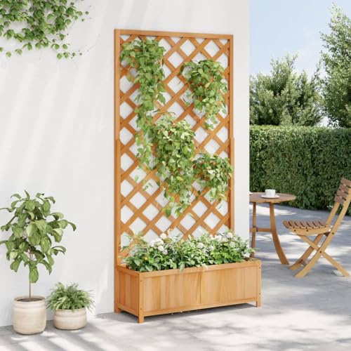 Homgoday Pflanzkübel mit Spalier Blumenkübel mit Rankgitter Pflanzkasten mit Spalier Blumenkasten mit Rankhilfe Gartenspalier für Kletterpflanzen Braun Massivholz Tanne
