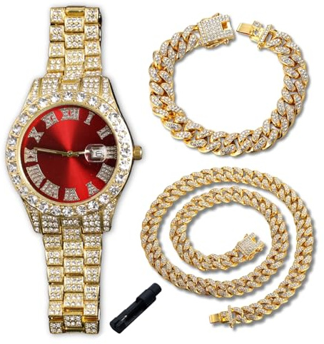 Genkigold Diamantklocka för pojkar – rund urtavla 42 mm med romerska siffror i 3 färger – 18K guld/platinapläterad 20 cm rem, justeringsverktyg, kan kombineras med kubansk kedja, Guldklocka - röd