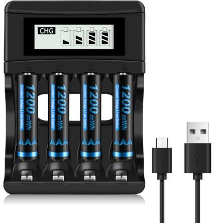 CITYORK 4 stycken uppladdningsbara AAA-litiumbatterier med 4 fack 1,5 V laddare, 1 200 mWh AAA litiumbatteri, 1,5 V konstant spänning utgång batteri