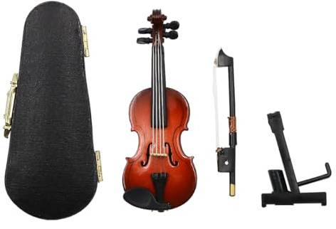 Sarini Modello di Strumento in Legno per Violino in Miniatura da 8 cm con Supporto con Arco e Custodia in Pelle Nera per l'arredamento della casa delle Bambole