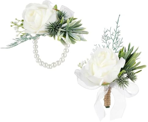 mkemka 2Pcs White Rose Ladies Wrist Flower and Men's Buttonhole Corsage Handmade Artificial Bracelet Button Holes Rose Flower Bracelet for Prom Bride Wedding Bridesmaid Boutonniere for Men