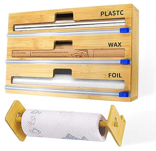 ITETONE 4 in 1 Wrap Dispenser with Cutter & Paper Towel Holder, Bamboo Cling Film and Foil Dispenser, Kitchen Wrap Organizer for 12 Wax, Aluminum Foil & Parchment Paper Rolls