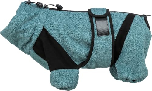 TRIXIE Hunde-Bademantel Frottee Gr. M–L, Rückenlänge 54 cm – Petrol | Wärmender Overall für drinnen und draußen – saugt Nässe schnell auf, angenehm weich nach Bad und Regen