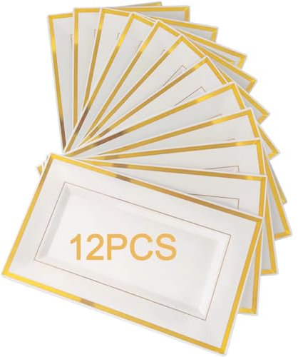 LOSYHU 12PCS Plastic Serving Platters with Gold Border, Elegant Plastic Serving Tray Reusable Food Party Serving Plate, White and Gold Dinner Plates Set for Weddings Parties Cupcake Display, 33 x 20cm