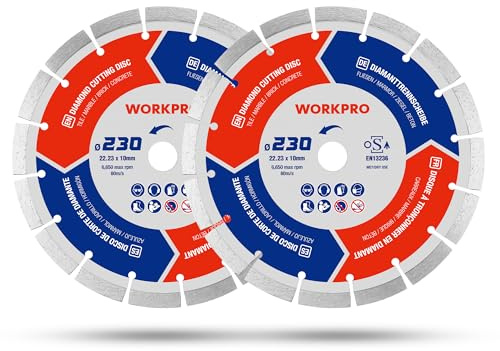 WORKPRO Diamanttrennscheiben 230mm x 22,23mm 2 Stück, für Beton Stein | Trennscheibe kompatibel mit Winkelschleifer, Diamantscheibe für Trocken- & Nassschnitt von Fliesen, Marmor, Ziegel, Granit