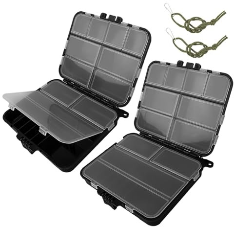 2 Stück Köderbox Angeln, Angelbox, Tackle Box Angeln, Angel Zubehör, Tackle Box für Angler Zubehör, Angelköder Box mit Verstellbaren Einzelfächern Geeignet（Schwarz）