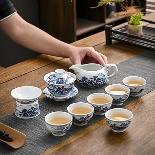 HGDESIGN Japanisches Teeservice, Blauweiß Porzellan Chinesisches Teeset mit Kanne und Tassen, Schönes Asiatische Teekanne Set Kung Fu Teeservice Espressotasse Kaffeetassen Geschenke (A)
