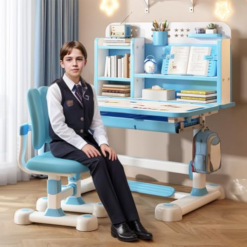 iondelce Kinderschreibtisch Höhenverstellbar mit neigbarer Tischplatte, Ergonomische Kinder Schreibtisch und Stuhl Set, Schreibtisch Kinder ab 6 Jahren für Lernen, Malen, Basteln (Blau D)