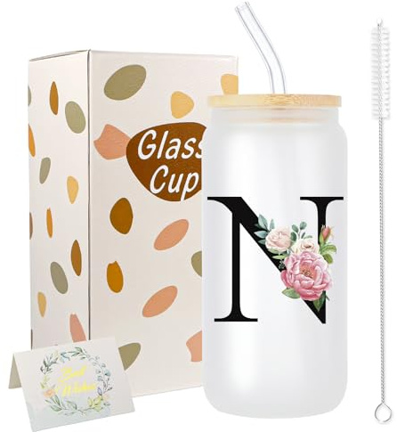 JEKUGOT A-Z Initial Personalised Birthday Gifts for Women, 16oz Iced Coffee Glass Cups with Lids and Straws, Glass Coffee Cup Gift Set for Mothers, Friends, Women, Men, Iced Coffees Cup Gift (N)