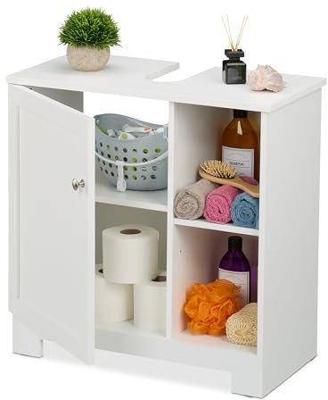 Relaxdays Mobiletto Sottolavabo Bagno, Armadio con Anta e 4 Scomparti, Mobile Sifone Lavandino, 60x60x30 cm, MDF, Bianco