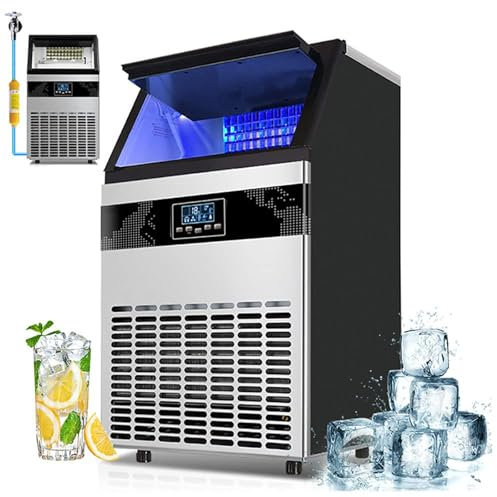 PPLDABNK Machine à glaçons Commerciale - Capacité élevée de 55 kg/24 h, 40 glaçons en 10 à 20 Min, capacité de Stockage de 15 kg en Acier Inoxydable, Filtre à Eau et Pelle à Glace intégrés,100kg