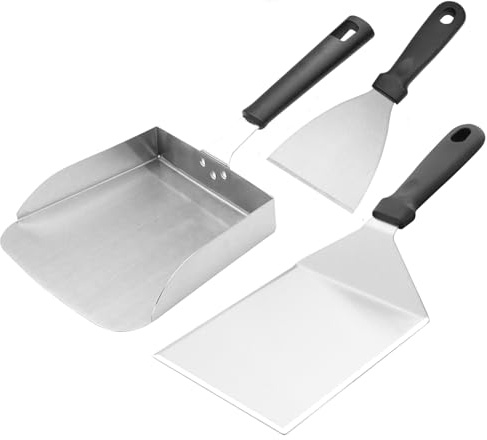 Large Griddle Spatula Set with Scoop Smash Burger Turn and Shovel for BBQ Flat Top Grill Hicked Blade Beveled Edges for Hibachi Type Cooking
