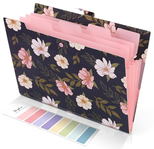 SKYDUE Accordion File Organizer, Floral Expanding File Folders with 5 Pockets, Cute Document Organizer for Paper Bills Receipt Storage, School Office & Hospital Supplies Letter/A4 Size Navy Blue