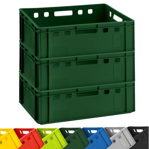 BURI 3 x cassette per carne E2, verde scuro, 60 x 40 x 20 cm, cassette per macellaio, Eurobox dalla Germania, per alimenti, robuste, impilabili