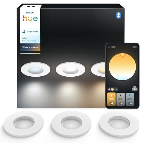 Philips Hue White Ambiance Adore recessed spotlights 3-Pack, dimmable Bathroom Lights for Hue Lighting System with Warm- to coolwhite Light, Intelligent Light Control via Voice and app, White