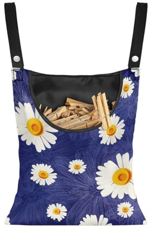 Buxolandt Daisy White Pattern Print Universal Peg Bag with Sliding Feature - Compatible with Various Clotheslines - Smart Storage Solution for Clothespins - Reusable Heavy-Duty Laundry Accessory