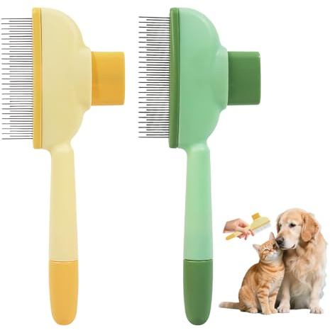 2 Stück Selbstreinigende Katzenbürste & Flohkamm für Hunde und Katzen, Effektive Katzenbürsten für kurzes und langes Haar, Flohkamm Hunde mit Auslöseknopf, sanfte Fellpflege