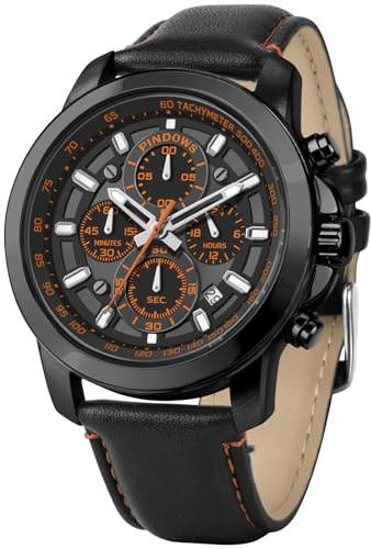 PINDOWS Orologio da uomo analogico al quarzo cronografo impermeabile luminoso orologio da polso con cinturino in pelle nero marrone per abbigliamento business e casual