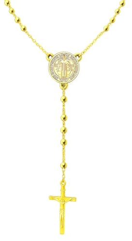 Only faith Collar Rosario Católico, Acero Inoxidable 316L, Largo collar de 50 cm, Medalla de San Benito, 59 Cuentas de 3 mm, Disponible en Plateado y Dorado (Medalla de San Benito Dorado)