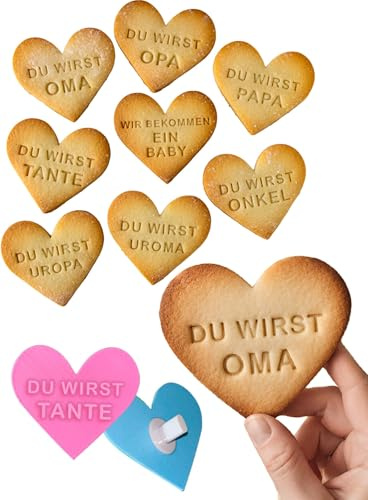 JoliCoon Schwangerschaft verkünden mit Keksen - Keks Plätzchen-Ausstecher Set mit 8 Stempel für die ganze Familie Schwangerschaft verkünden, Herz-Form 6,5 x 7,5 cm, Lebensmittelechtes PLA, BPA-Frei