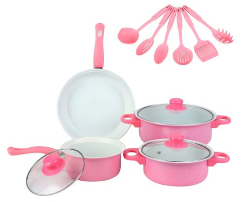 EcoGleam Juego de 12 utensilios de cocina antiadherentes con tapa para todo tipo de fuegos (rosa)