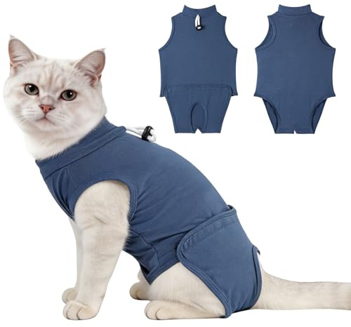 Gyuzh Cat Surgery Recovery Suit for Male Cats - Breathable & Comfortable Cone Alternative. Easy-Pull Recovery Suit with Adjustable Neck & Snap Closure for Neutering, Anti-Licking Wound Care Blue M