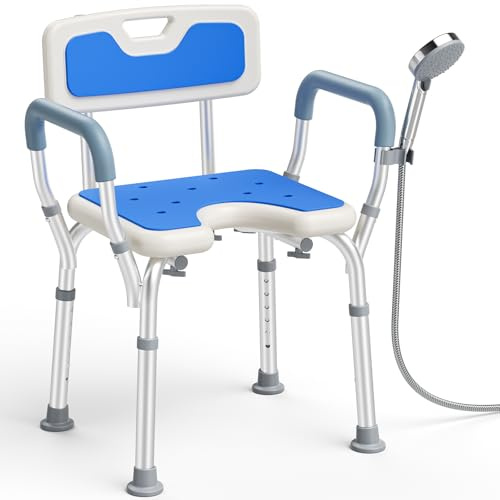 Sedia per Doccia Anziani, Sgabello Doccia Anziani con Schienale e Braccioli Rimovibili, 6 Altezza Regolabile, Antiscivolo, Sedia Doccia per Anziani e Disabili, Capacità Fino a 150 kg