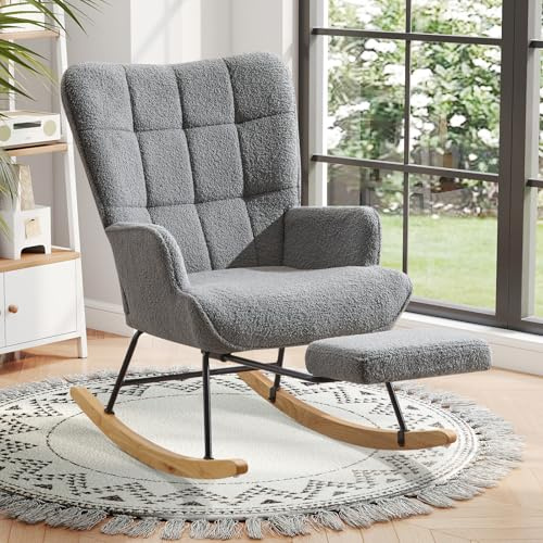 Ckaff Schaukelstuhl mit Fußstütze, Schaukelsessel mit Fußstütze, Teddystoff Gepolsterter Relaxstuhl Lesesessel Sessel mit Holzkufen für Wohnzimmer Schlafzimmer, Grau